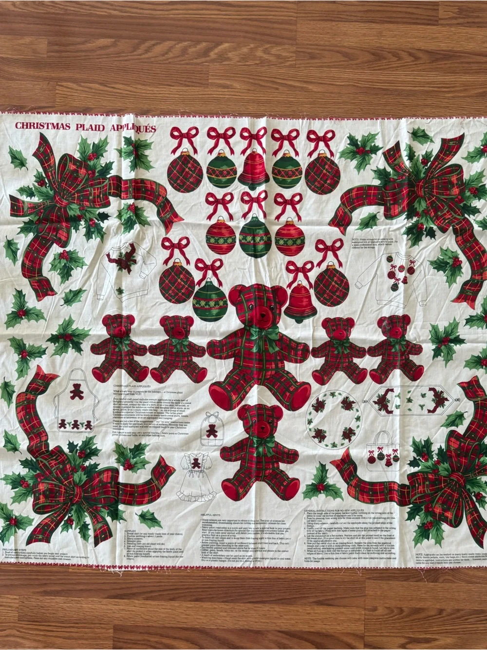 Christmas Plaid Appliqué Fabric Panel - Red & Green Holiday Bears and Bows